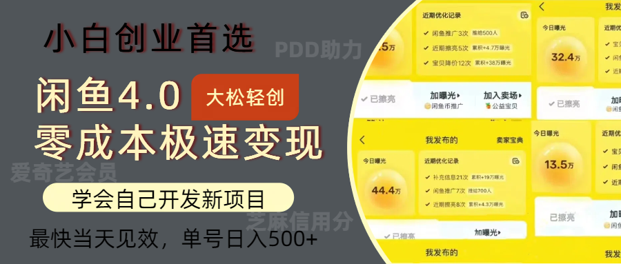 闲鱼0成本极速变现项目，多种变现方式，单号日入500+最新玩法-梓川副业网-中创网、冒泡论坛优质付费教程和副业创业项目大全