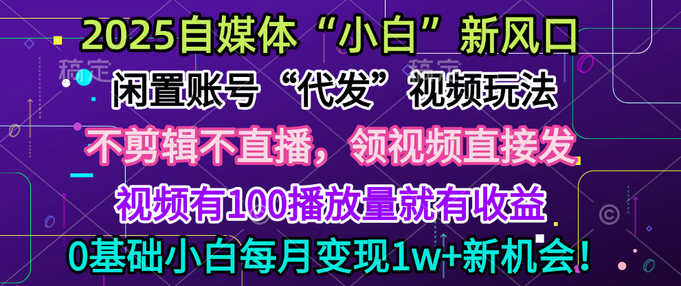 2025每月躺赚5w+新机会，闲置视频账号一键代发玩法，0粉不实名不剪辑，领了视频直接发，0基础小白也能日入300+-梓川副业网-中创网、冒泡论坛优质付费教程和副业创业项目大全